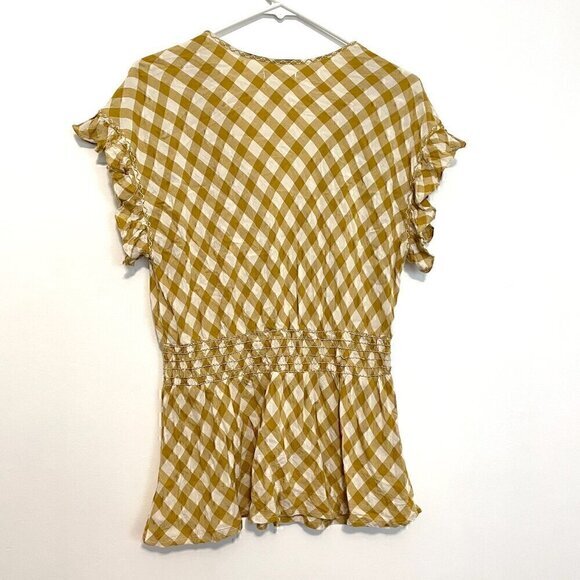 MAX STUDIO Smocked Waist Flutter Sleeve Blouse Mustard Yellow White Gingham Boho - Picture 11 of 14